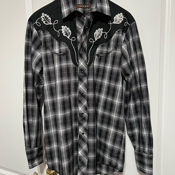 Roper Men's Black and White Embroidered Plaid Peal Snap Long Sleeve Shirt MED - Picture 1 of 15
